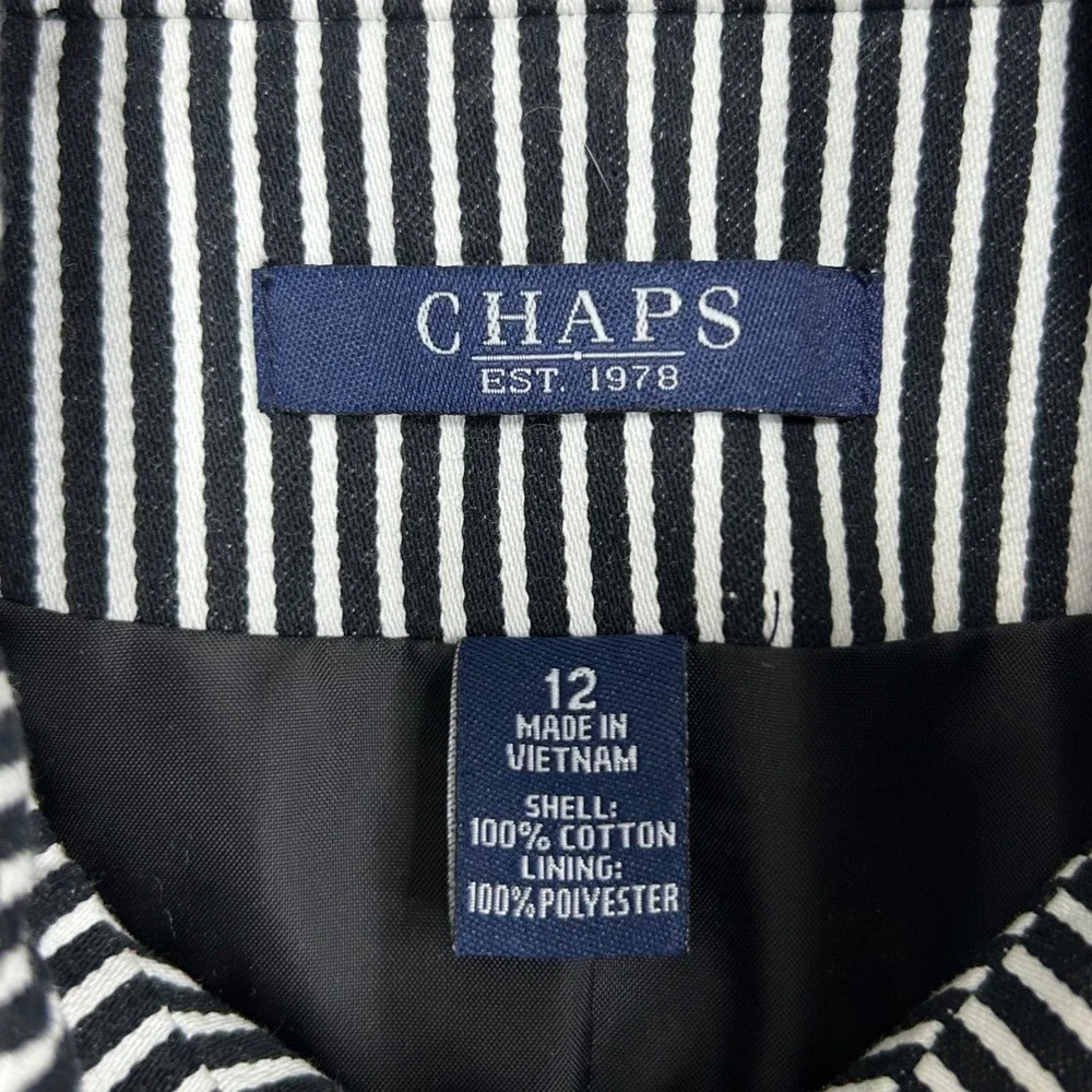 Chaps Women Black White Striped Mandarin Collar Blazer Jacket 12 Cotton Nautical